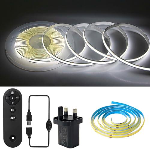 RYE COB 5V USB Fernbedienung LED strip 2m,Dimmbar Kaltweiss 6000K,flexibler LED streifen,Geeignet für DIY Beleuchtung von TV-Hintergrund,Treppen, Schlafzimmer, Küche, mit Controller und Netzteil von RYE