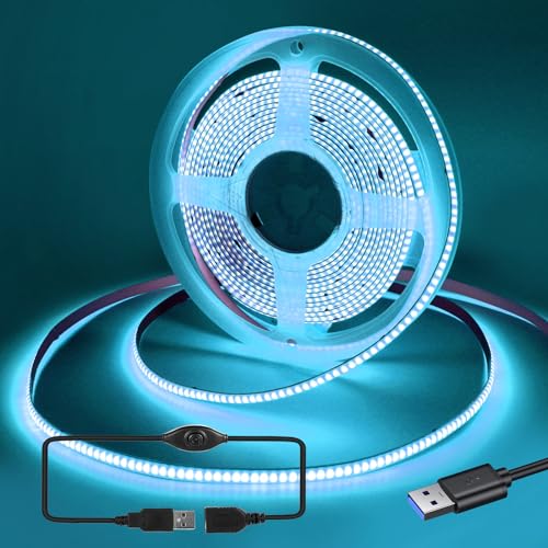 RYE USB 1.5m 5V COB LED Hellblau Lichtband, 320LED/M, Flexibles Lichtband für TV Monitor Hintergrundbeleuchtung, Spiegel, Schrank, Garderobe, Kabinett DIY Beleuchtung mit 5V2A Controller von RYE