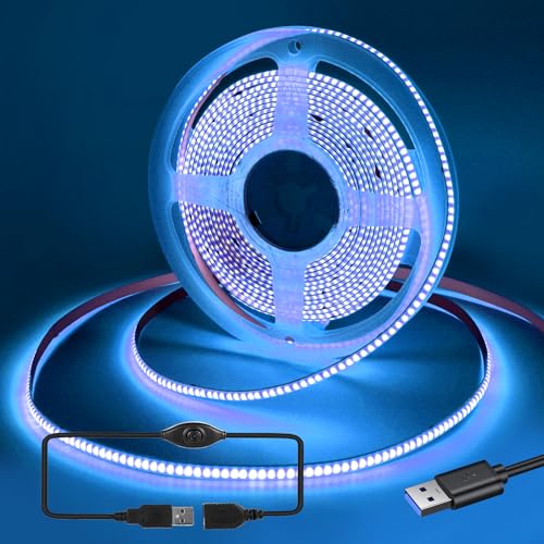 RYE USB 1.5m 5V COB LED blau Lichtband, 320LED/M, Flexibles Lichtband für TV Monitor Hintergrundbeleuchtung, Spiegel, Schrank, Garderobe, Kabinett DIY Beleuchtung mit 5V2A Controller von RYE