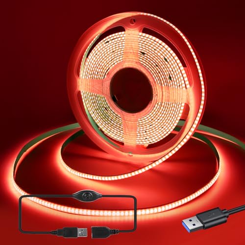 RYE USB 2m 5V COB LED Rotes Lichtband, 320LED/M, Flexibles Lichtband für TV Monitor Hintergrundbeleuchtung, Spiegel, Schrank, Garderobe, Kabinett DIY Beleuchtung mit 5V2A Controller von RYE