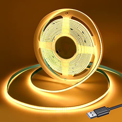 RYE USB-betriebenes 5 V 0,5 m COB-LED-Lichtband, warmweiß, 3000 K, 320 LEDs/M-Seil/Klebeband, DIY als TV-Hintergrundbeleuchtung, Küche unter Theke/Schrank/Treppenlicht, Stromversorgung ausgeschlossen. von RYE