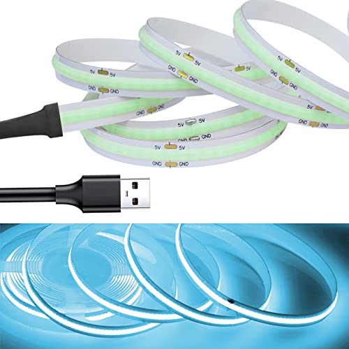 RYE USB-betriebenes LED-Lichtband, 5 V, 3 m, COB, hellblau, 320 LEDs/M Seil/Klebeband, DIY als TV-Hintergrundbeleuchtung, Küche unter Theke, Schrank, Treppenlicht, Netzteil nicht enthalten. von RYE