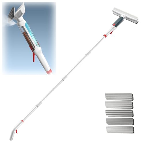 RYJYQYX 4 in 1 Sprüh Fensterputzer mit 41-190 cm 4-teiligem Verlängerungsstange, Teleskop Fensterwischer mit Abwassersammler und 5 Pads Profi Fensterputzer Set für hohe Fenster innen/außen von RYJYQYX