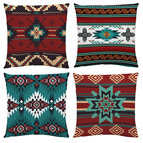 Western Native American Throw Pillow Covers Set of 4 18X18 Inch Rustic Southwestern Tribal Ethno Design Pillow Covers Comfortable Boho Velvet Covers for Bedroom Bed Outdoor Couch Sofa (Native) von RYKEEN