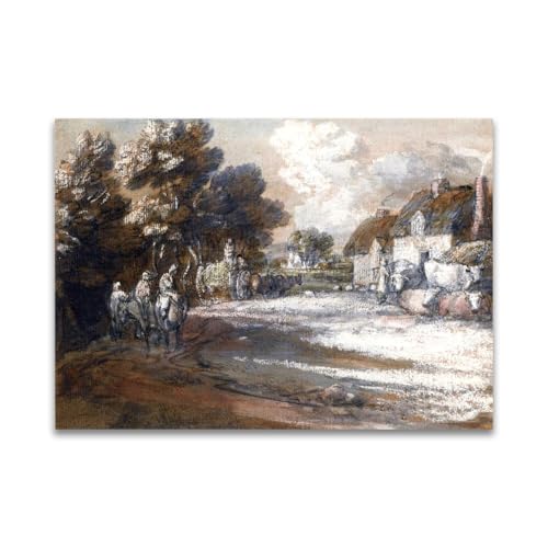 RYLJCZ Berühmtes Wandbild- (Through a Village) by Thomas Gainsborough- Reproduktionen auf Leinwand- Bilder für die Wohnzimmerdekoration(30x42cm(11.8x16.5in)/Rahmenlos) von RYLJCZ