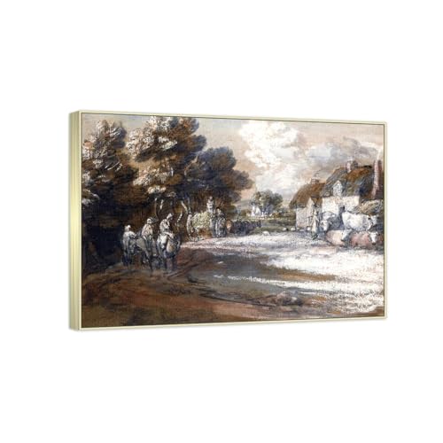 RYLJCZ Berühmtes Wandbild- (Through a Village) by Thomas Gainsborough- Reproduktionen auf Leinwand- Bilder für die Wohnzimmerdekoration(55x77cm(21.6x30.3in)/Champagnerrahmen) von RYLJCZ