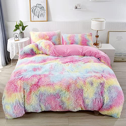 RYNGHIPY 3-teiliges Bettwäscheset mit Kissenbezügen, besonders weich, langhaarig, flauschig, Samt, mit verstecktem Reißverschluss (bunt, pink, Doppel) von RYNGHIPY