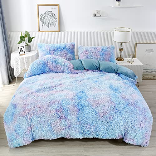 RYNGHIPY Superweiches, Flauschiges Kunstfell-Bettbezug-Set, Doppelbett-Sets für Mädchen, Blauer Batik-Plüsch und Samt-Flanell-Bettbezug mit 2 Kissenbezügen (buntes Blau, Doppelbett) von RYNGHIPY