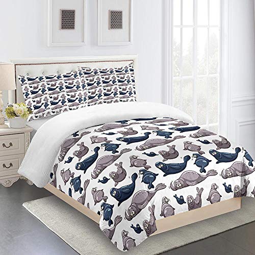 Bettwäsche 140x200 Robben Tiere Bedruckte Bettwäsche Set 3-Teiliges Polyester mit Reißverschluss, 1 Bettbezug und 2 Kissenbezug für Kinder Jungen Mädchen Erwachsene, Einzelbett von RYQRP