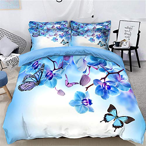RYQRP Bettwäsche Set Blaue Blume Schmetterling Bedruckte Bettwäsche Set 3-Teiliges Polyester mit Reißverschluss 1 Bettbezug und 2 Kissenbezug, Einzelbett, 140x200cm von RYQRP