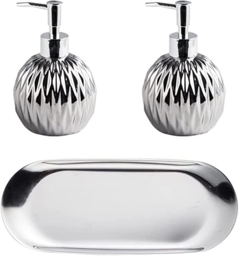 Badezimmer-Zubehör-Sets mit Lotionspender, Keramikseife, rundes Zubehör-Set, 400 ml/13,5 oz, Apartment, 3-teilig(Silver) von RYRYR