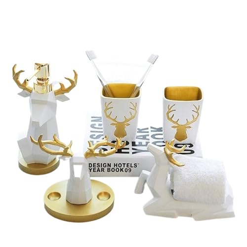 RYRYR Badezimmer-Zubehör-Sets mit Lotionspender, Harz, 5-teiliges Set, Zahnbürstenhalter, Becher, Seifenschale, Wohnung von RYRYR