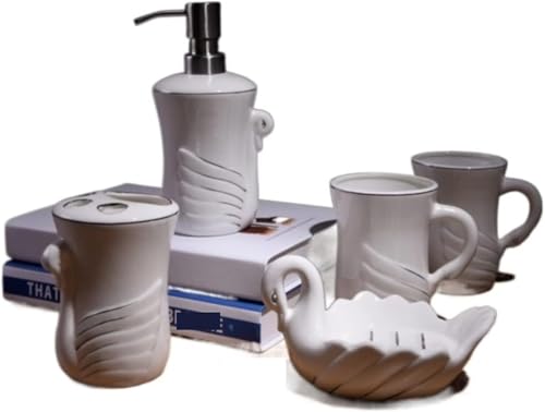 RYRYR Badezimmer-Zubehör-Sets mit Lotionspender, Keramik, Waschanzug, leichtes, luxuriöses fünfteiliges Set, Schwanenweiß, Apartment im europäischen Stil von RYRYR