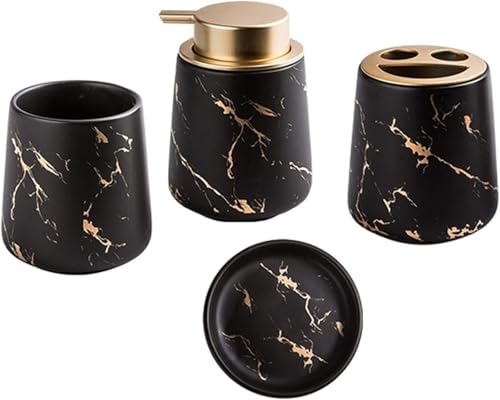 RYRYR Badezimmer-Zubehör-Sets mit Lotionspender, Marmormuster, 4-teiliges Keramik-Set, kreatives Bad-Ornament for Geschenkwohnungen(Black) von RYRYR