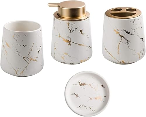 RYRYR Badezimmer-Zubehör-Sets mit Lotionspender, Marmormuster, 4-teiliges Keramik-Set, kreatives Bad-Ornament for Geschenkwohnungen(White) von RYRYR