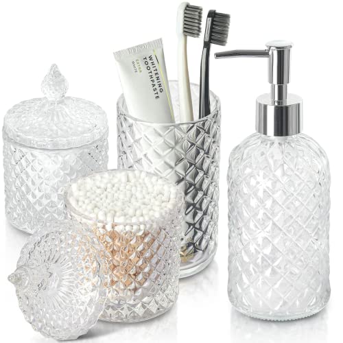 RYTOXILO Badezimmer-Zubehör-Set, 4 Stück, klares Glas, Bad-Zubehör-Sets komplett, Diamant-Seifenspender und Zahnbürstenhalter-Set für Badezimmer, Theke, Spüle, Boho, moderne Badezimmer-Dekoration von RYTOXILO