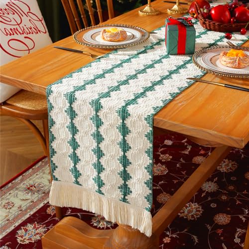 RYXZEN Tischläufer Weihnachten 33x220CM Baumwolle Boho Tisch Läufer Quasten Landhausstil Rustikale für Dinner Kommode Küche Tisch Dekoration Drinnen Urlaub Party Dekor (Grüner, Beige Patchwork-Zopf) von RYXZEN