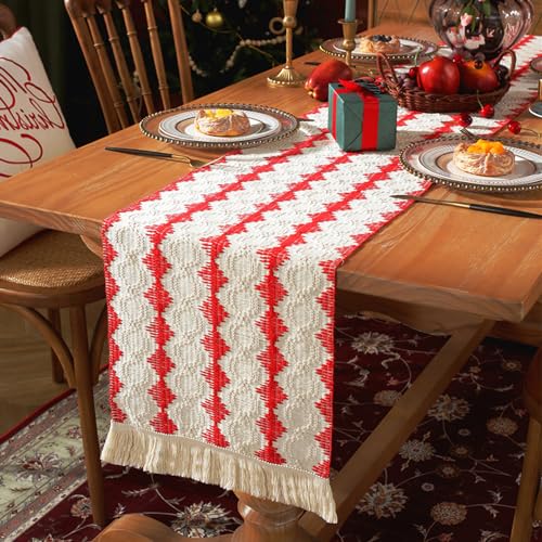 RYXZEN Tischläufer Weihnachten Rot 33x220CM Baumwolle Boho Tischläufer Quasten Landhausstil Rustikale für Dinner Kommode Küche Tisch Dekoration Drinnen Urlaub Party Deko (Roter Beige Patchwork-Zopf) von RYXZEN