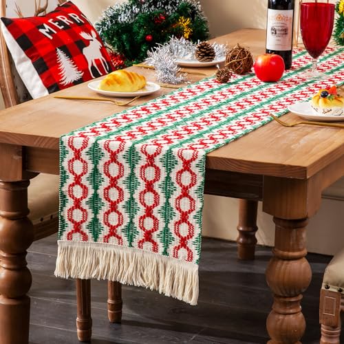 RYXZEN Tischläufer Weihnachten 33x220CM Baumwolle Boho Tisch Läufer Quasten Landhausstil Rustikale für Dinner Kommode Küche Tisch Dekoration Drinnen Urlaub Party Dekor (Roter, Grüner Patchwork-Zopf) von RYXZEN