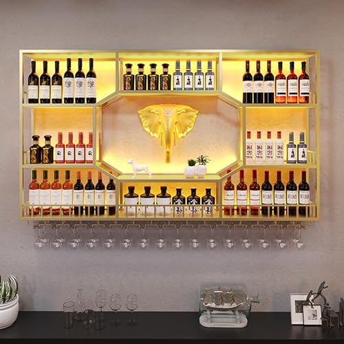 Weinregal zur Wandmontage, Barregal mit beleuchteten LED-Regalen, Metall-Weinflaschen- und Glasregal, kommerzielle beleuchtete Bar-Haus-Wandregale, for die Dekoration von Küchenbars ( Color : Gold , S von RYZQWE