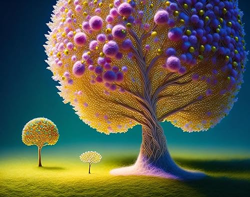 RZHRHJES Wandbild Baum mit Früchten und kleinen Blumen Zeichnung aus Fäden 58 x 90 cm ohne Rahmen auf Leinwand von RZHRHJES