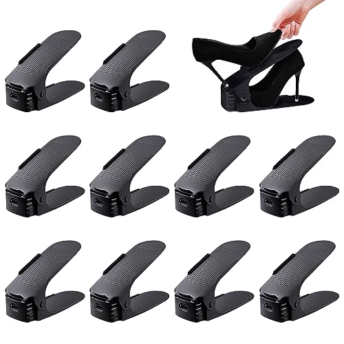 RZMZBY 10 Stück Einstellbare Schuhregale rutschfest Schuhhalter, rutschfest Schuhstapler, 3 Höhenverstellbar PP Doppelschicht Schuhstapler Set Platzsparend Schuhaufbewahrung (Schwarz) von RZMZBY