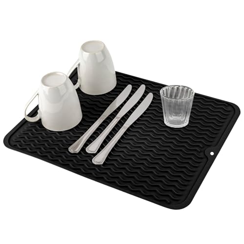 RZMZBY Küchenabflussmatte Schwarz, Silikon Abtropfmatte 40x30cm, Rutschfeste Geschirrmatte für Spüle, Wasserdichte Silikonmatte Küche, Hitzebeständige Spülbecken Schutzmatte von RZMZBY