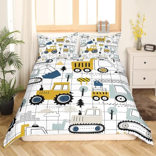RZPFQB Cartoon-Fahrzeug Kinder Bettwäsche 100x135 Baby Bettwäsche Set für Kleinkinder und Babybetten Kran Zugmaschine Bettbezug Set Cartoon Traktor Bagger Microfaser Bettwäscheset von RZPFQB