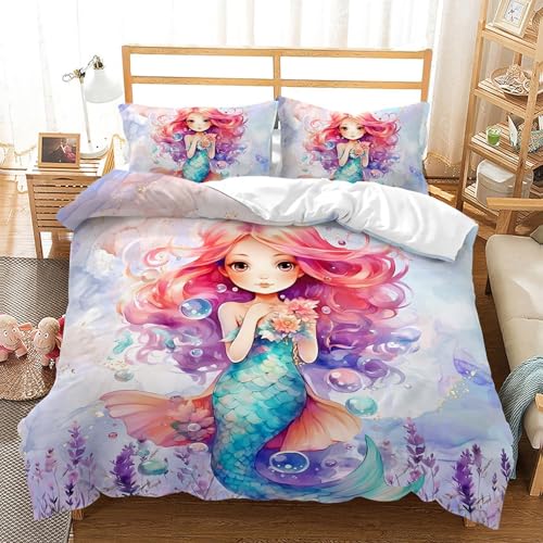 RZPFQB Meerjungfrau Kinder Bettwäsche 135x200 Bettwäsche Set für Teens Jungen Mädchen Kinderbettwäsche Meerjungfrau Prinzessin Bettbezug Set Ozean-Meerestier Microfaser Bettwäscheset von RZPFQB