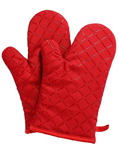 Hitzebeständige Grillhandschuhe Lange Baumwolle Topfhandschuhe,1 paar & Silikon 28cm (Rot) von RZX