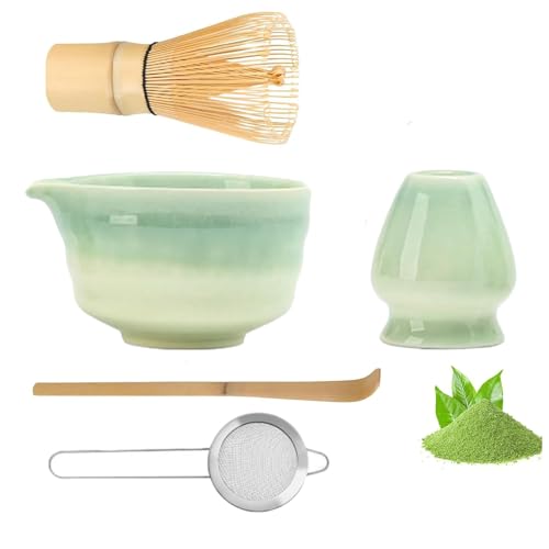 Matcha Tea Set-5 teiliges Matcha Besen Set - Matcha Rührer Set mit Matcha Schneebesen,Matcha-Schüssel mit Ausgießer, Teelöffel, Matcha Filtersieb und Besenhalter,Matcha Zubehör für Teeliebhaber (B) von RZXBB