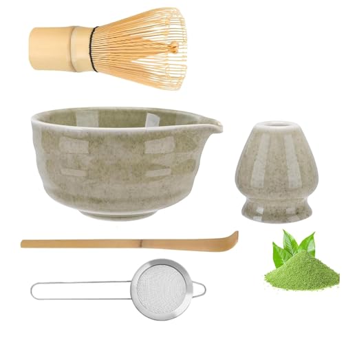 Matcha Tea Set-5 teiliges Matcha Besen Set - Matcha Rührer Set mit Matcha Schneebesen,Matcha-Schüssel mit Ausgießer, Teelöffel, Matcha Filtersieb und Besenhalter,Matcha Zubehör für Teeliebhaber (A) von RZXBB