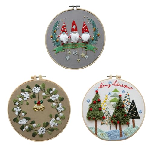 RZXBB 3 Sets Stickset für Anfänger, Sticken Set Erwachsene Stickerei Set mit Weihnachtsmuster, Embroidery Kit Mit Stickrahmen, Farbfäden Und Werkzeuge, Kreuzstich Set für DIY Kunst, Handwerk(Stil C) von RZXBB
