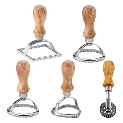 Ravioli Ausstecher Set - Ravioli Former Teigtaschenrad Former mit Holzgriff - Quadratische Runde Herzförmige Raviolischneider Pasta Nudel Press - Ravioli Maker Form für Pasta, Knödel, Dumplings (5Pcs) von RZXBB