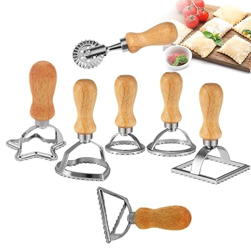 Ravioli Ausstecher Set - Ravioli Former Teigtaschenrad Former mit Holzgriff - Quadratische Runde Herzförmige Raviolischneider Pasta Nudel Press - Ravioli Maker Form für Pasta, Knödel, Dumplings (7Pcs) von RZXBB