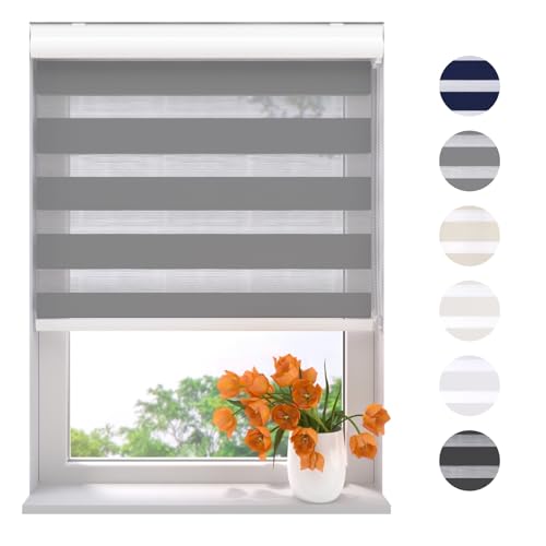 Radeco® Doppelrollo mit Kassette 105 x 175 cm (BxH) grau, Blickdicht oder Transparent, ohne Bohren möglich, doppelrollo wandmontage, Duo Rollo, doppelrollo 105 cm breit von RADECO