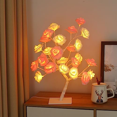 Raaxola Rose Tree Light 24 LED USB Interface Desktop Table Lamp Bedroom Atmosphere Light Birthday Wedding Party Decoration for Ladies Restaurant Bar KTV Decoration pink red blue flowers von Raaxola