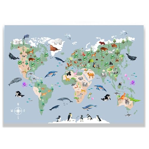 Rabano Art Kinderzimmer Lernposter DIN A2 Weltkarte mit Tieren | Spielend die Welt entdecken | Bilder Kinderzimmer, Kinderzimmer Deko, Wandbilder, Deko Bilder, Boho Dekoration für Kinder von Rabano Art