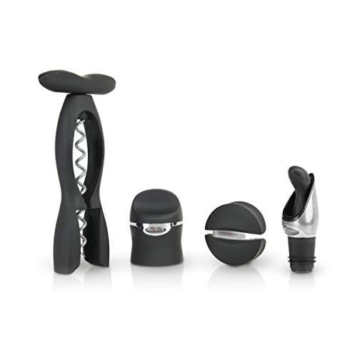 Rabbit Weinzubehör-Geschenkset, 4-teiliges Weinset mit Korkenzieher, Folienschneider, Champagnerverschließer und 2-in-1-Ausgießer & Stopfen, Schwarz von Rabbit