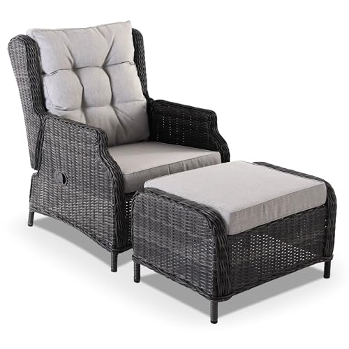 Raburg Garten-Relaxsessel mit Hocker, Gartenstuhl-Set mit Hocker, pflegeleichtes & wetterfestes Polyrattan, Bequeme Kissen, 130 kg Belastbarkeit, Anthrazit/Braun, inkl. Polster Hellgrau, Sophia von Raburg