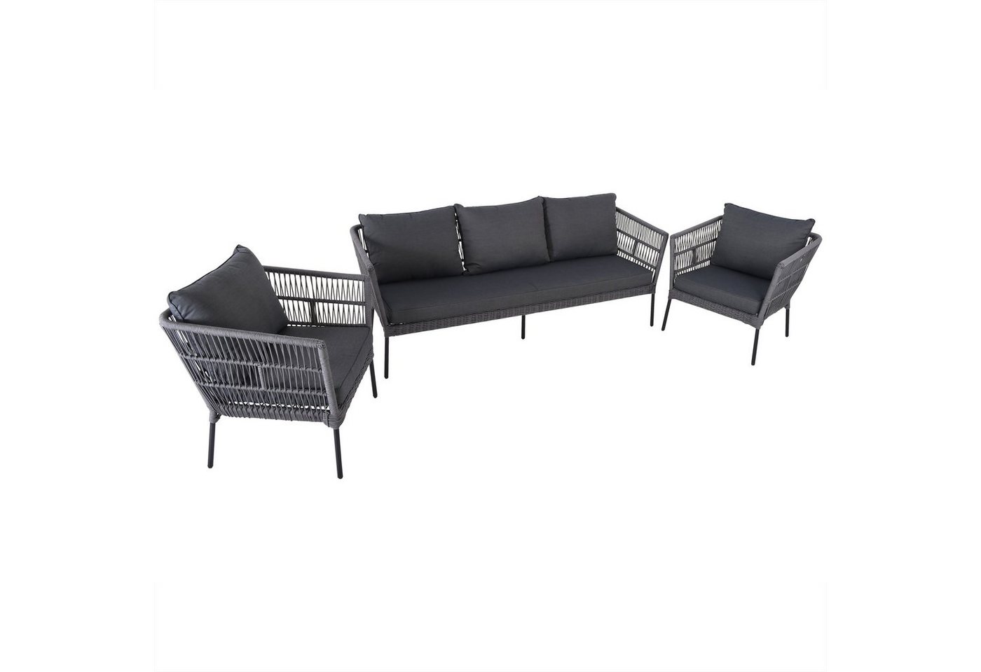 Raburg Gartenlounge-Set Loungegruppe Adina, Aluminium-Gestell in Seiden-Schwarz, (3-tlg, 1 XXL-Sofa & 2 XXL Sessel & Polster), Polster in Schiefer-Grau, Rope-Geflecht in Stein-Grau, bis 5 Personen von Raburg