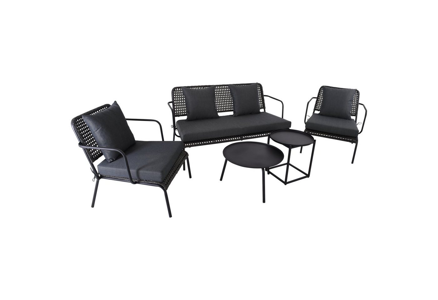 Raburg Gartenlounge-Set Premium Sitzgruppe Anisa, Poly-Rattan, Polster in Dunkel-Grau-Meliert, (5-teilig, 2 Sessel & 1 Sofa & 2 Lounge-Tische), Gestell aus Metall in Seiden-Schwarz, belastbar 120 kg pro Sitzfläche von Raburg