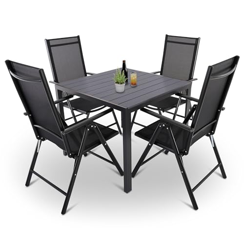 Raburg Gartenmöbel-Set, Moderne Sitzgruppe, 4 Stühle (klappbare Hochlehner) Tisch 90x90cm, wetterfestes Alu, Garnitur für Garten, Terrasse & Balkon, Norvey, Schwarz/Schwarz|Anthrazit-Schwarz von Raburg