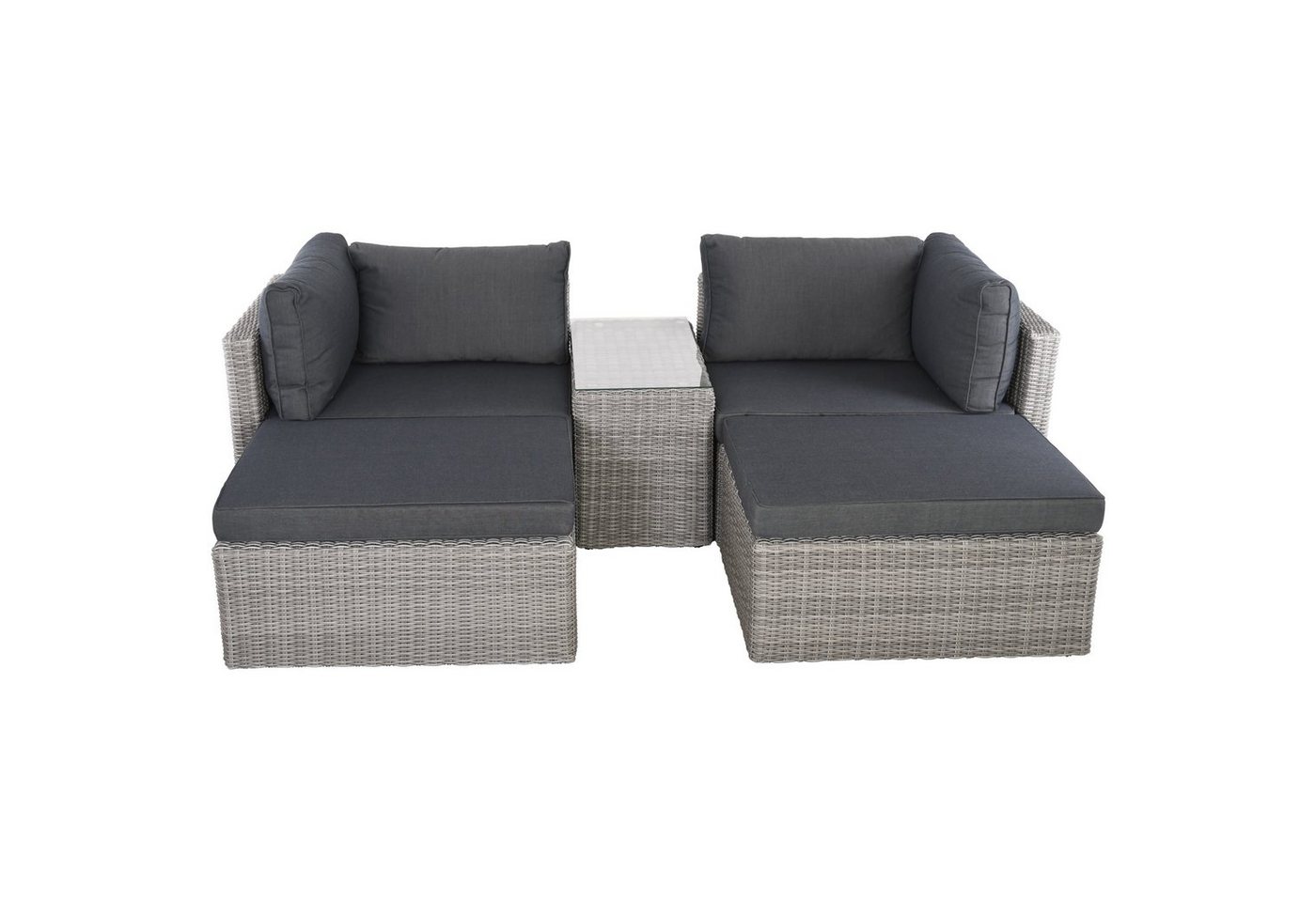 Raburg Loungeset XL Gartenlounge Adan, verschiedene Farben, mit Sofa für 2-4 Personen, (5-tlg., 2 Sitzelemente & 2 Hocker & 1 Tisch mit Glasplatte), Alu & Poly-Rattan mit Polster-Set, variabel, platzsparend & stapelbar von Raburg