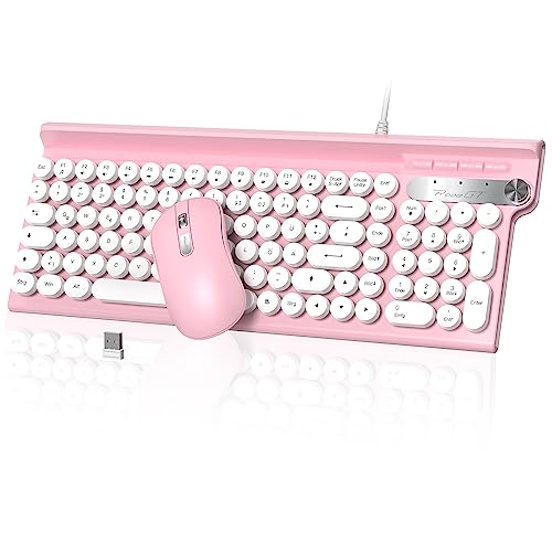 Tastatur Maus Set Kabel,RaceGT Runde Tasten Keyboard Rosa mit Ziffernblock, Telefonhalter,Volume Knob,12 Multimedia-Tasten, Leise Maus und Tastatur für PC Mac Computer Laptop, QWERTZ Deutsch Layout von RaceGT