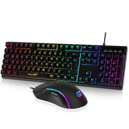 RaceGT Maus und Tastatur Gaming Büro, Tastatur Kabel RGB Beleuchtet LED Hintergrundbeleuchtung Wasserdicht 104 Tasten, Kabel Maus mit 7 Tasten 6400 DPI für PC Gamer Laptop QWERTZ (DE-Layout) von RaceGT
