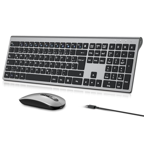 Tastatur Maus Set Kabellos Aufladbar,RaceGT Ergonomische Ultra-Dünne 2.4 GHz mit EIN Aus Schalter,Leise Scherenschalter-Tasten,Multimedia-Tasten,für Computer Desktop PC Laptop, QWERTZ Layout von RaceGT