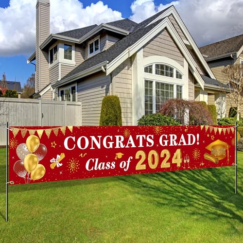 2024 Abschlussdekorationen Congrats Grade Class of 2024 Banner – Rot und Gold Graduation Yard Schild Hintergrund hängende Dekorationen für drinnen und draußen 2024 Abschlussfeier Party Supplies von Racenaf