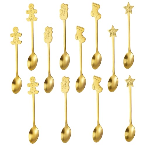 12 pcs Weihnachtskaffeelöffel kreativer Edelstahl Rührer Löffel Schüttung für Dessertgetränk Mischung Milchshake 4 Stile Gold von Rachlicy
