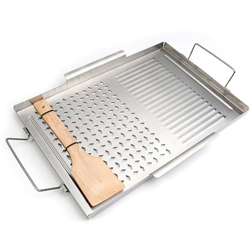 Edelstahl Bratpfanne mit Holzschaufel, 17x11.5 rechteckig flaches Oberbritter mit Einer gleichmäßigen Heizung für Grills BBQ Holzkohle/Gasgrills von Rachlicy